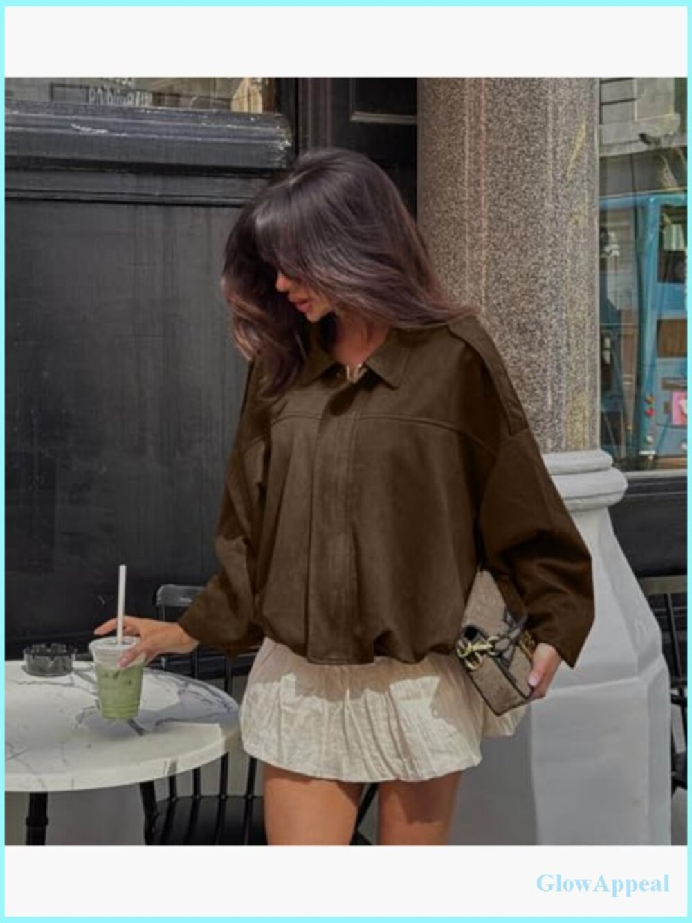 Faux Suede Bomber Jacket Oversized Cropped Lapel Motorcycle Style - Picture 2 of 7